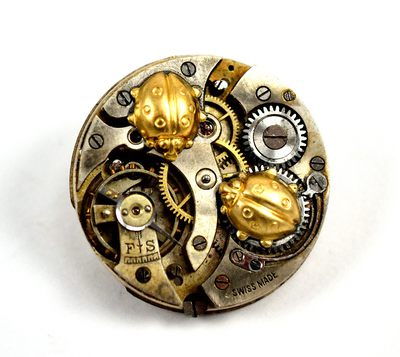 Steampunk Ladybug Brooch Pin, Watch Movement