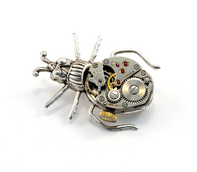 Steampunk Beetle Pin, Clockwork Bug Brooch