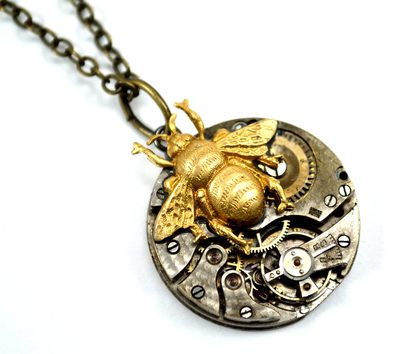 Steampunk Bee Necklace, Bee on Time!