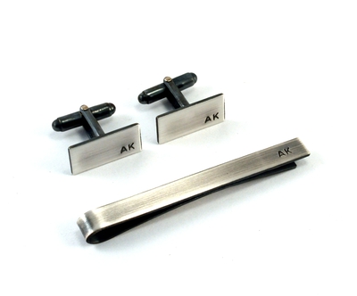 Monogrammed Mens Gift Set, Sterling Silver Cufflinks and Tie Bar