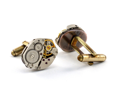 Engraved Steampunk Cuff Links, Watch Movement